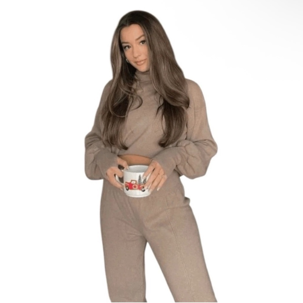 Silk & Salt Luxe Lounge Set Taupe Knit Two Piece Sweater Pants New Small $150 - Picture 2 of 11